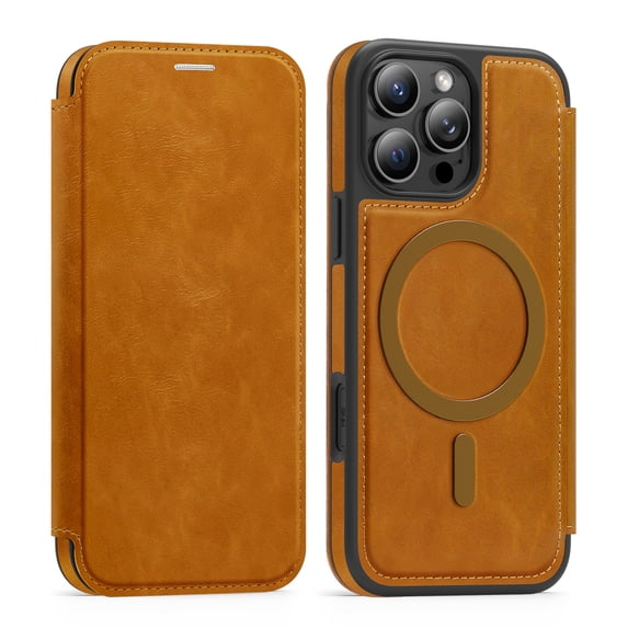 Designed for iPhone 15 Pro Max Flip Phone Case,Compatible with Mag-Safe,with RFID Blocking Credit Card Holder,PU Leather Folio Flip Protective Shockproof Rugged Phone Case Cover,Brown