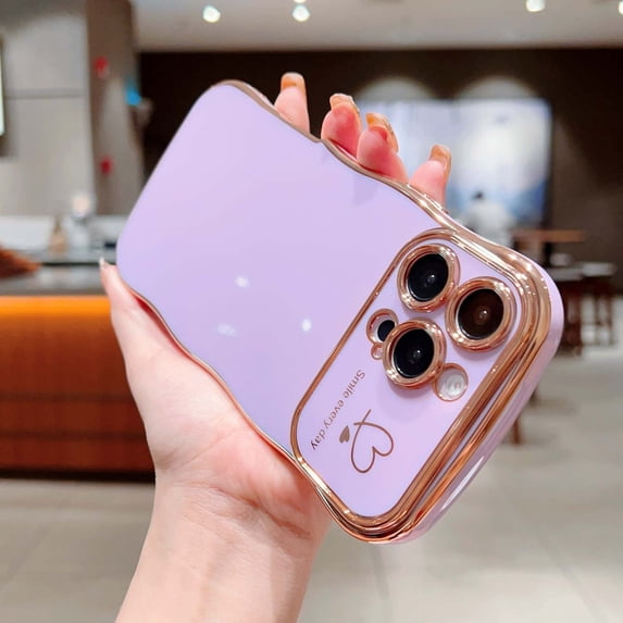 Designed For iPhone 15 Pro Max Phone Case,Cute Curly Wave Frame with Luxury Plating Love Heart Pattern For Women Girls,Soft TPU Shockproof Raised Lens Protection Phone Case,Purple