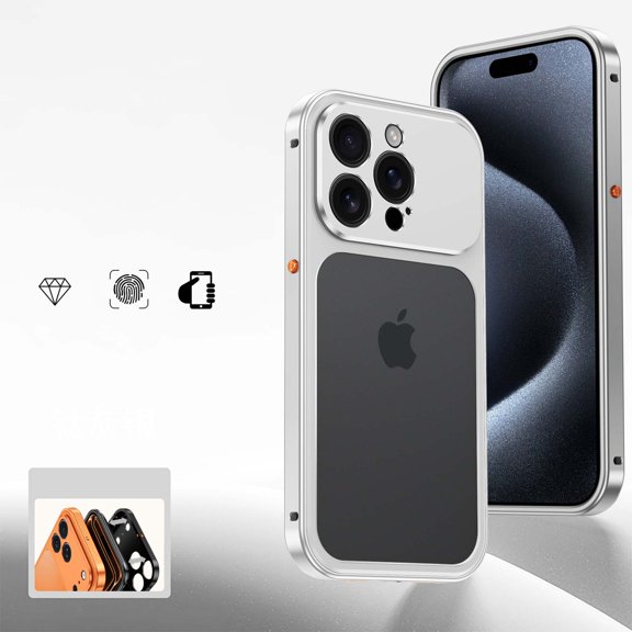 Designed For iPhone 15 Pro Max Phone Case,With Camera Protection,NO Back Heat Dissipation,With Frame Snap-on Switch,Ultra Slim Shockproof Drop Protection Rugged Metal Phone Case,Silver
