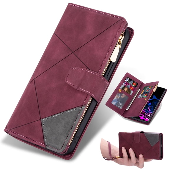 Designed for iPhone 15 Pro Max, Wallet 9 Card Slots Cases Zipper Purse Premium Leather Card Slot Flip Magnetic Cover Wrist Strap Kickstand Stand Compatible with iPhone 15 Pro Max, Winered