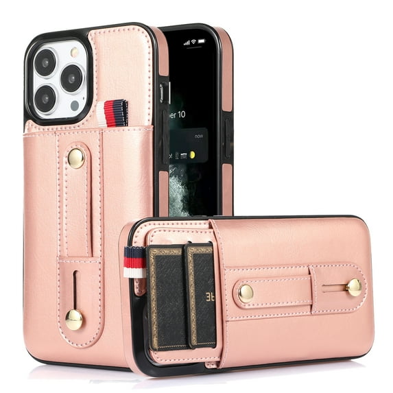 Designed for iPhone 15 Pro Max Wallet Case with Adjustable Wrist Strap Kickstand PU Leather Credit Card Holder Heavy Duty Shockproof Hybrid Rugged Protective Cover for Women Men, Rosegold