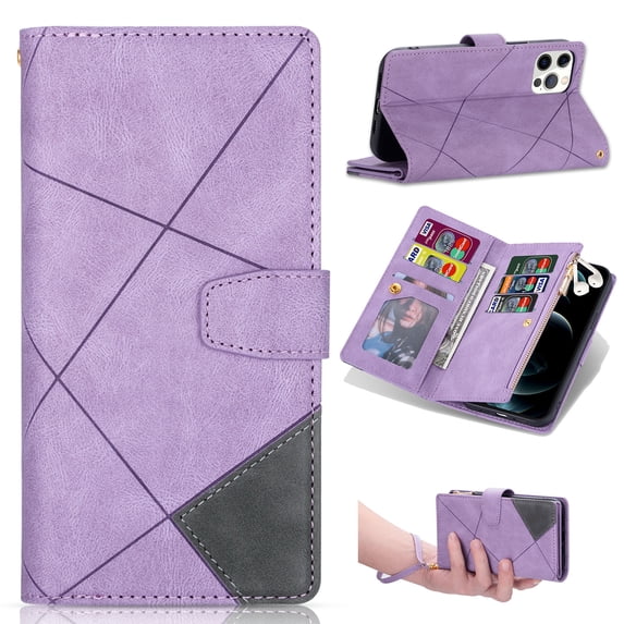 Designed For iPhone 15 Pro, Wallet 9 Card Slots Cases Zipper Purse Premium Leather Card Slot Flip Magnetic Cover Wrist Strap Kickstand Stand Compatible with iPhone 15 Pro, Purple