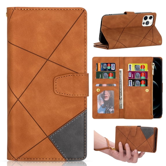 Designed For iPhone 15 Pro, Wallet 9 Card Slots Cases Zipper Purse Premium Leather Card Slot Flip Magnetic Cover Wrist Strap Kickstand Stand Compatible with iPhone 15 Pro, Brown