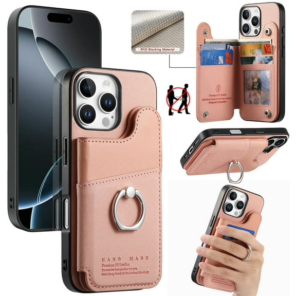 Designed for iPhone 16 Back Wallet Case with Card Holder Slots, [Rotatable Ring Holder Stand & Secure Grip Ring] [RFID Blocking PU Leather Protection] Shockproof Protective Cover, Pink