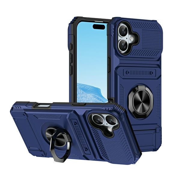 Designed for iPhone 16 Case Hidden with Card Holder & 360 Ring Stand/Kickstand, Hard PC + Soft TPU [Drop Protection] Heavy Duty Rugged Protective Cover For iPhone 16, Blue