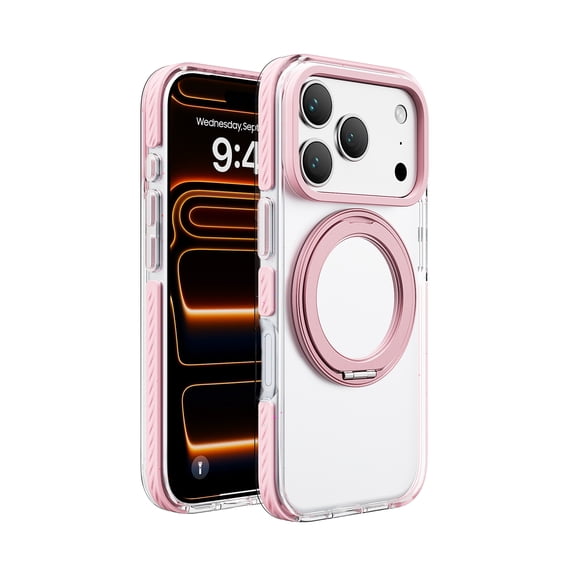 Designed for iPhone 16 Case, Luxury Transparent Anti-Scratch Drop Protective Shockproof Anti-Fingerprint Magnetic 360 Rotating Ring Kickstand Phone Cover for iPhone 16, Pink