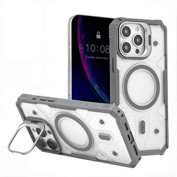 Designed for iPhone 16 Case, Mag-Safe Compatible, Clear Slim Case with Built-in Camera Lens Stand, Anti-Yellowing, Durable Protection with Shockproof Corners for iPhone 16, Gray