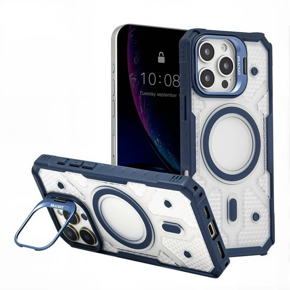 Designed for iPhone 16 Case, Mag-Safe Compatible, Clear Slim Case with Built-in Camera Lens Stand, Anti-Yellowing, Durable Protection with Shockproof Corners for iPhone 16, Darkblue