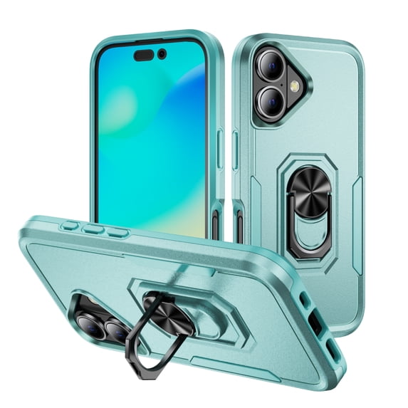 Designed for iPhone 16 Case, Military-Grade Drop Protection, Shockproof Phone Case Cover, Magnetic Car Mount Ring Kickstand Bumper Hard Case for iPhone 16, Green
