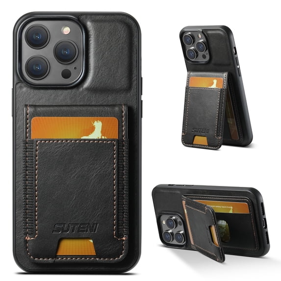 Designed for iPhone 16 Case, Premium PU Leather Back + TPU Frame Magnetic Closure Card Slots Back Bag Shockproof Drop Protective Kickstand Phone Case Cover for iPhone 16, Black