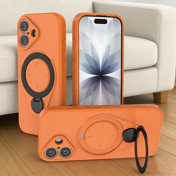 Designed for iPhone 16 Case with Rotatable Ring Stand, Compatible with Mag-Safe, [Military Grade Drop Protection] Soft Microfiber Lining Anti-Scratch Cover for iPhone 16, Orange