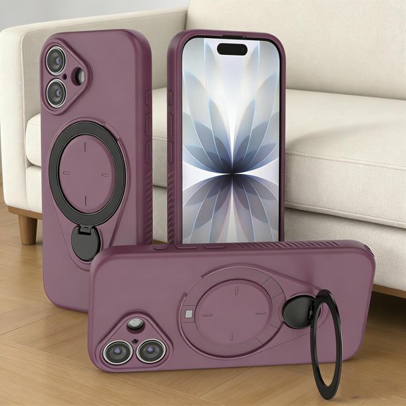 Designed for iPhone 16 Case with Rotatable Ring Stand, Compatible with Mag-Safe, [Military Grade Drop Protection] Soft Microfiber Lining Anti-Scratch Cover for iPhone 16, Purple