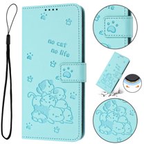 Designed for iPhone 16 Case Wallet,Flip Folio Cover with Cute Cat Embossed PU Leather Stand [RFID Blocking] Credit Card Holders Slots Wrist Strap Full Body Phone Case,Green
