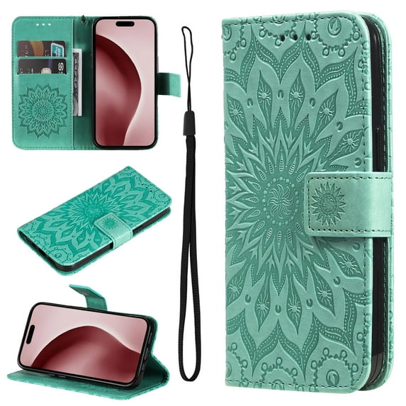 Designed for iPhone 16 Case Wallet, Magnetic Clasp Flip Stand Folio Cover with Embossed PU Leather Credit Card Holders Slots Wrist Strap Phone Case for iPhone 16,Green