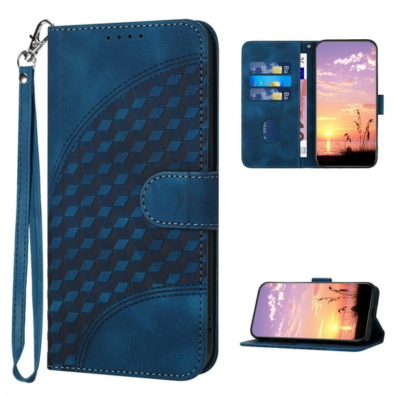 Designed for iPhone 16 Case Wallet, Women Flip Folio Cover with Embossed PU Leather Stand Credit Card Holders Slots Wrist Strap Magnetic Closure Phone Case for iPhone 16, Darkblue