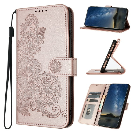 Designed for iPhone 16 Case Wallet, Women Flip Folio Cover with Floral Embossed PU Leather Stand Credit Card Holders Slots Wrist Strap Purse Phone Case for iPhone 16, Rosegold