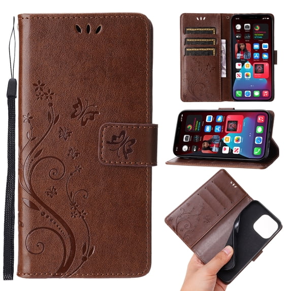 Designed for iPhone 16 Case, Wrist Strap Flip Kickstand PU Leather Wallet Case Cash Card Slots Holder, Protective Shockproof Pattern Women Cover for iPhone 16, Brown