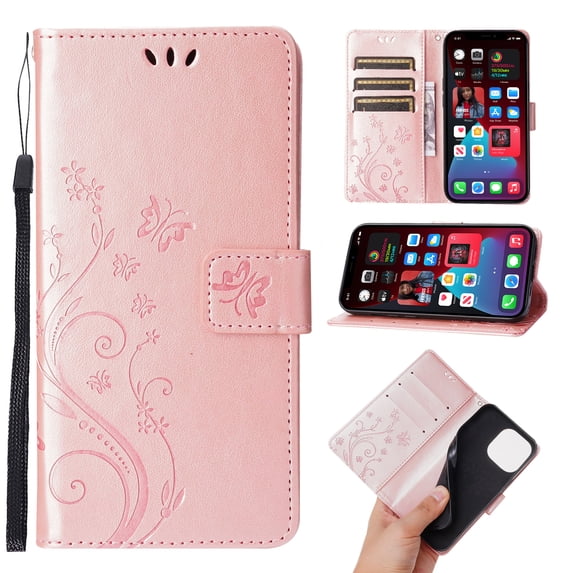 Designed for iPhone 16 Case, Wrist Strap Flip Kickstand PU Leather Wallet Case Cash Card Slots Holder, Protective Shockproof Pattern Women Cover for iPhone 16, Rosegold
