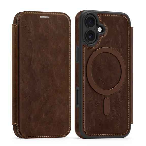 Designed for iPhone 16 Flip Phone Case,Compatible with Mag-Safe,with RFID Blocking Credit Card Holder,PU Leather Folio Flip Protective Shockproof Rugged Phone Case Cover,Coffee