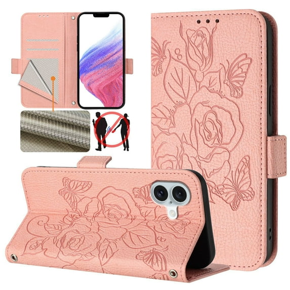 Designed For iPhone 16 Flip Phone Case,Embossed Butterfly&Rose Designing,PU Leather Flip Folding Kickstand,Card Slots,With Shoulder Strap&Wrist Strap,Shockproof Wallet Case,Pink