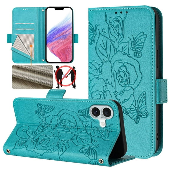 Designed For iPhone 16 Flip Phone Case,Embossed Butterfly&Rose Designing,PU Leather Flip Folding Kickstand,Card Slots,With Shoulder Strap&Wrist Strap,Shockproof Wallet Case,Blue