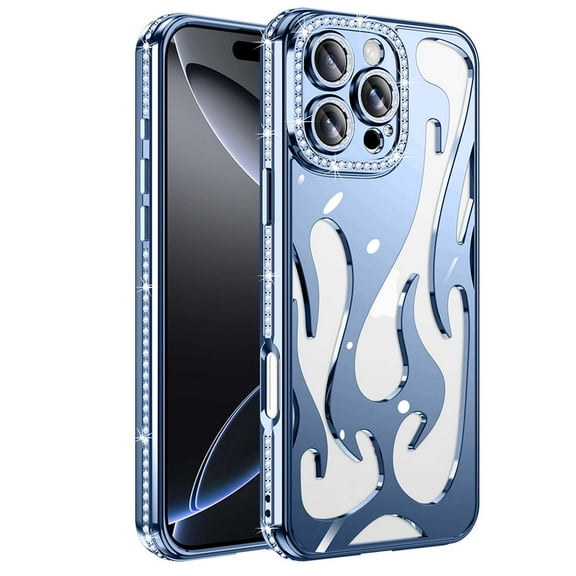 Designed for iPhone 16 Heat Dissipation Phone Case,Unique Luxury Bling Diamond Bumper Frame&Lens Ring,Electroplate Glossy Flame Shape Hollow Shockproof Rugged Slim Phone Case,Blue