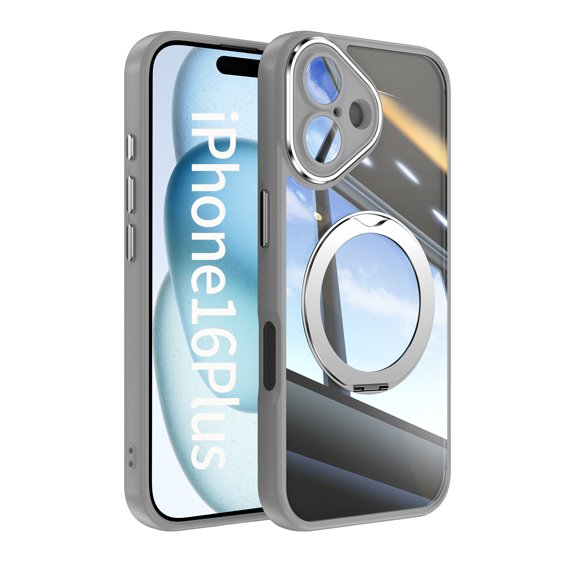 Designed for iPhone 16 Kickstand Case with Camera Lens Protector Film [Rotatable Ring Holder Stand] Clear Rugged Shockproof Protective Phone Case for iPhone 16 Wowen Men, Gray