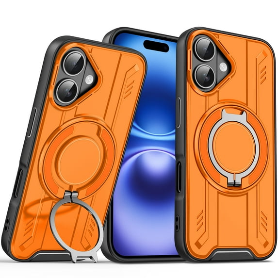 Designed for iPhone 16 Magnetic Phone Case,Compatible with Mag-Safe,360° Spin Contractile Ring Kickstand,Heavy Duty Shockproof Anti-fall Dropproof Tough Rugged Phone Case,Orange