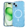 thumbnail image 1 of Designed for iPhone 16 Magnetic Phone Case,Compatible with Mag-safe,Cute Curly Wave Frame Design,Sparkly Bling Glitter Shockproof Anti-fall Rugged Transparent Phone Case,Blue, 1 of 7
