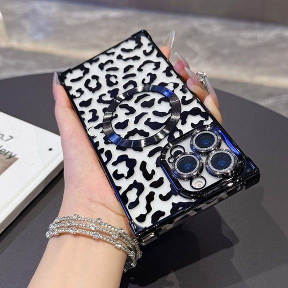 Designed for iPhone 16 Magnetic Phone Case,Luxury Leopard Cheetah Pattern Plating Frame Design,Built-in Lens Film,Compatible with Mag-Safe,Shockproof Transparent Phone Case,Black