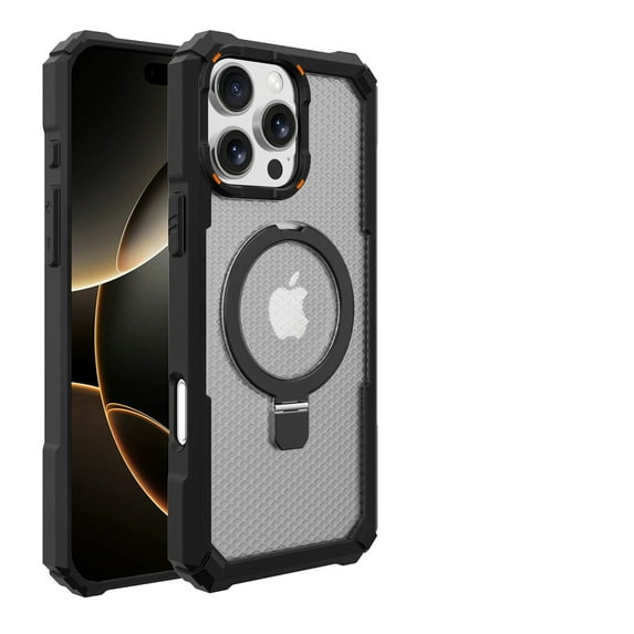 Designed For iPhone 16 Magnetic Phone Case,with Retractable Ring Kickstand,Compatible with Mag-Safe,Military-Grade Drop Protection,Heavy Duty Shockproof Translucent Phone Case,Black