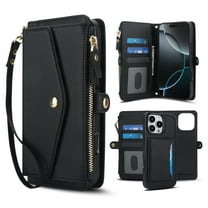 Designed for iPhone 16 Multi-Function Wallet Phone Case,With Shoulder Strap&Wrist Strap,Cash Pocket&Card Slots,Zipper Purse,Magnetic Detachable PU Leather Flip Phone Case,Black