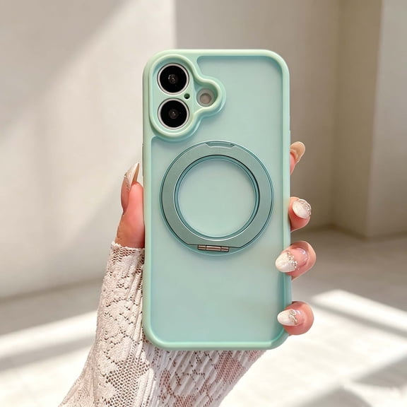 Designed For iPhone 16 Phone Case,360° Rotatable Ring Adjustable Foldable Kickstand,Anti-fingerprinting Matte Translucent Back,Shockproof Heavy Duty Drop Protection,Phone Case,Mint