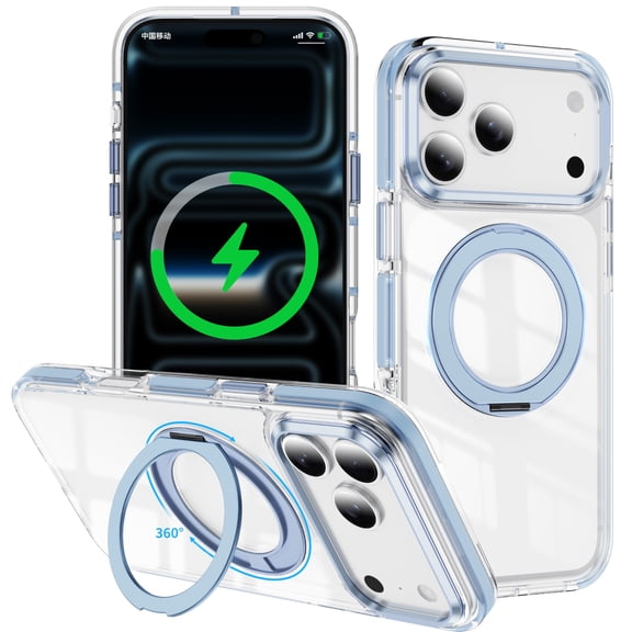 Designed For iPhone 16 Phone Case,360°Rotatable Ring Kickstand,Crystal Transparent Back,Shockproof Military-Grade Protection,Anti-fall Durable Thin Fit Two-color Phone Case,Lightblue