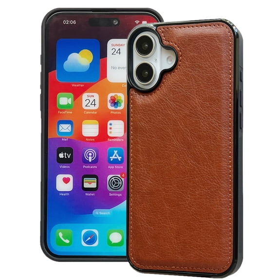 Designed for iPhone 16 Phone Case, Classic Lightweight PU Leather Back + TPU Frame, Shockproof Protective Anti-falling Ultra Slim Back Case for iPhone 16, Brown