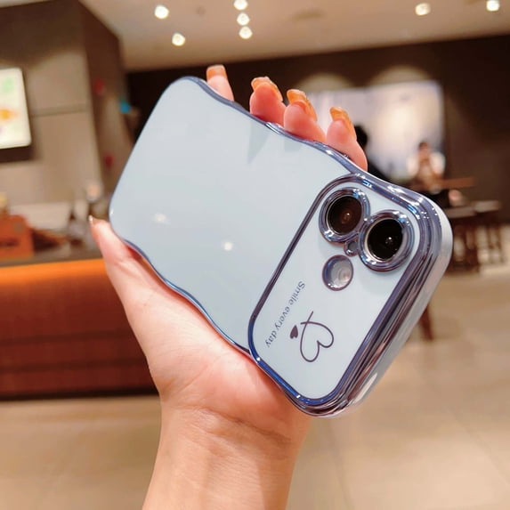 Designed For iPhone 16 Phone Case,Cute Curly Wave Frame with Luxury Plating Love Heart Pattern For Women Girls,Soft TPU Shockproof Raised Lens Protection Phone Case,Blue