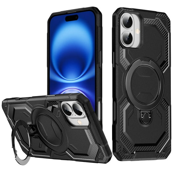 Designed For iPhone 16 Phone Case,With 360° Spin Magnetic Stand Ring Kickstand,Fit for Mag-Safe,Military Grade Shockproof Heavy Duty Dropproof Tough Rugged Phone Case,Black