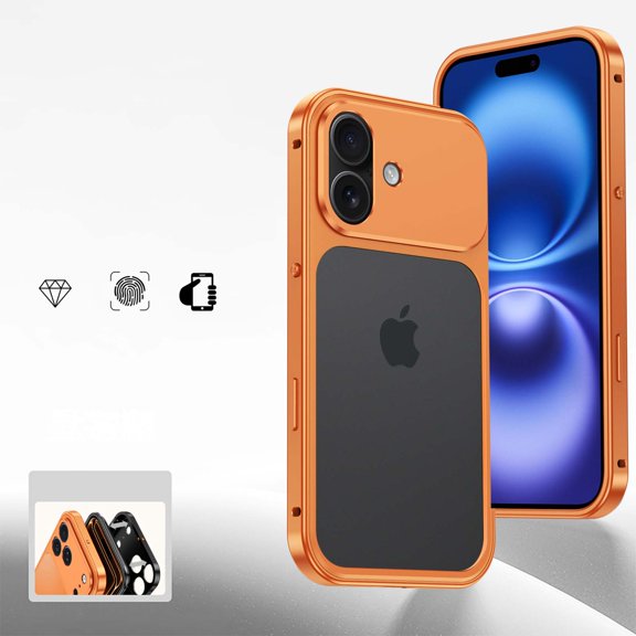 Designed For iPhone 16 Phone Case,With Camera Protection,NO Back Heat Dissipation,With Frame Snap-on Switch,Ultra Slim Shockproof Drop Protection Rugged Metal Phone Case,Orange