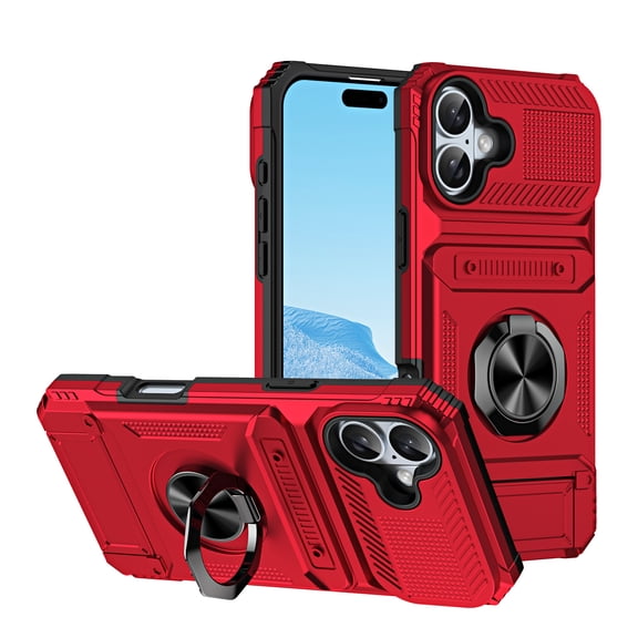 Designed for iPhone 16 Plus Card Holder Case with 360°Rotatable Ring Holder Kickstand,2-Layer Heavy Duty Magnetic Car Mount Shockproof Rugged Hybrid Hard PC Soft Rubber Case For iPhone 16 Plus,Red