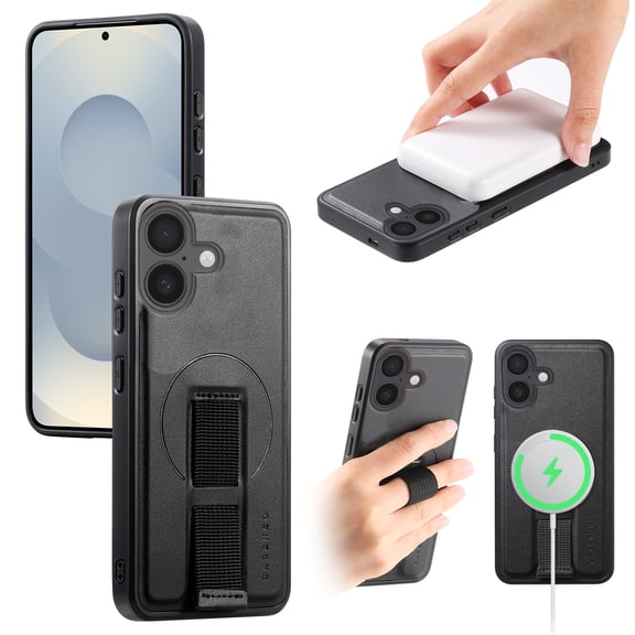 Designed for iPhone 16 Plus Case Magnetic, [Support Wireless Charging] Rugged Cover with Wristband Anti-Drop Finger Strap Heavy Duty Shockproof Phone Case for iPhone 16 Plus, Black