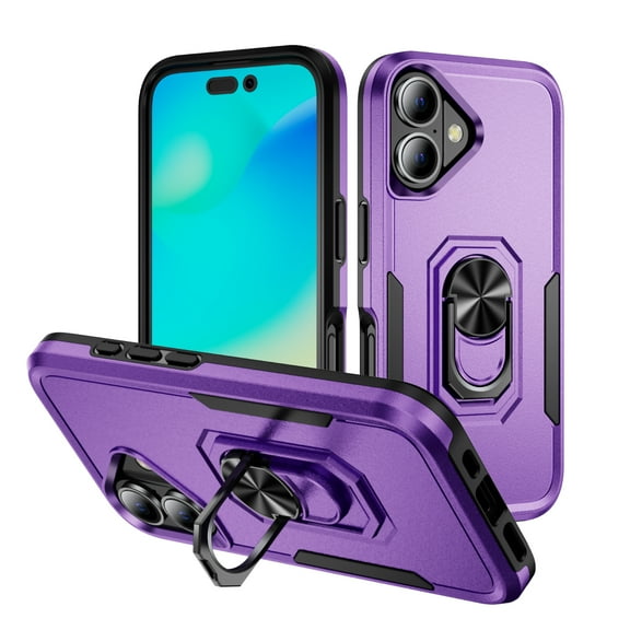 Designed for iPhone 16 Plus Case, Military-Grade Drop Protection, Shockproof Phone Case Cover, Magnetic Car Mount Ring Kickstand Bumper Hard Case for iPhone 16 Plus, Purple