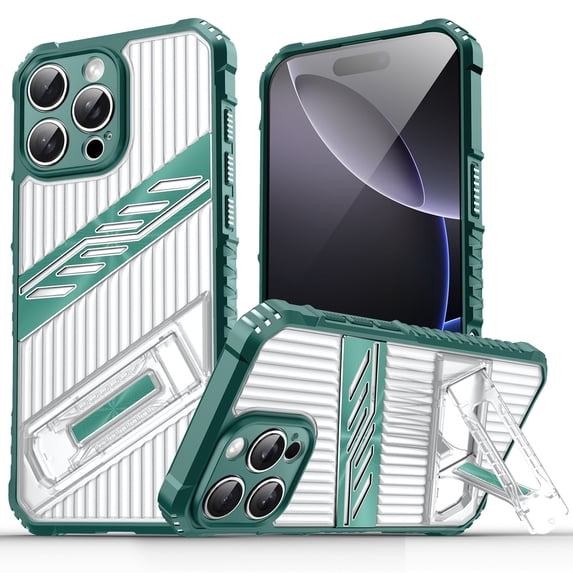 Designed for iPhone 16 Plus Case with Stand, Mil-Grade Drop Protection Adjustable Kickstand Ultra Slim Shockproof Hard PC Soft TPU Clear Portable Phone Case Cover for iPhone 16 Plus, Darkgreen