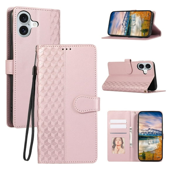 Designed for iPhone 16 Plus Case Wallet,Flip Folio Cover with Embossed PU Leather+Soft Inner Case Stand RFID Blocking Credit Card Holders Slots with Wrist Strap Shockproof Phone Case,Rosegold