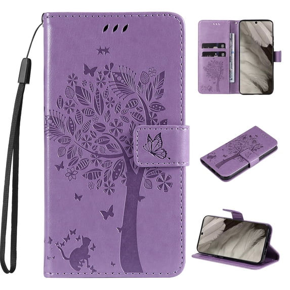 Designed for iPhone 16 Plus Case Wallet for Women, Flip Folio Cover with Embossed PU Leather Kickstand Credit Card Holder Magnetic Wrist Strap Protective Case for iPhone 16 Plus, Lightpurple