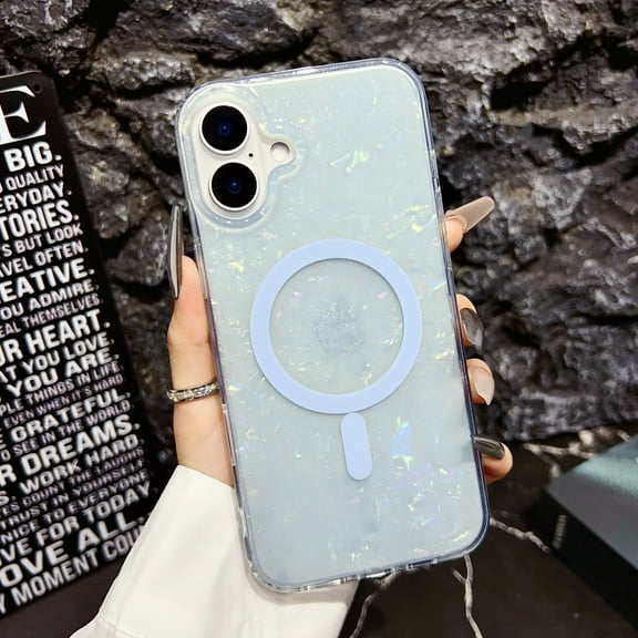 Designed for iPhone 16 Plus Magnetic Case Compatible with MagSafe for Women Girls Slim Lightweight Sparkle Glitter Shell Pattern Shockproof Protective Phone Case for iPhone 16 Plus, Blue
