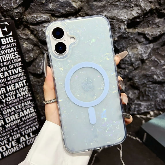 Designed for iPhone 16 Plus Magnetic Case Compatible with MagSafe for Women Girls Slim Lightweight Sparkle Glitter Shell Pattern Shockproof Protective Phone Case for iPhone 16 Plus, Blue