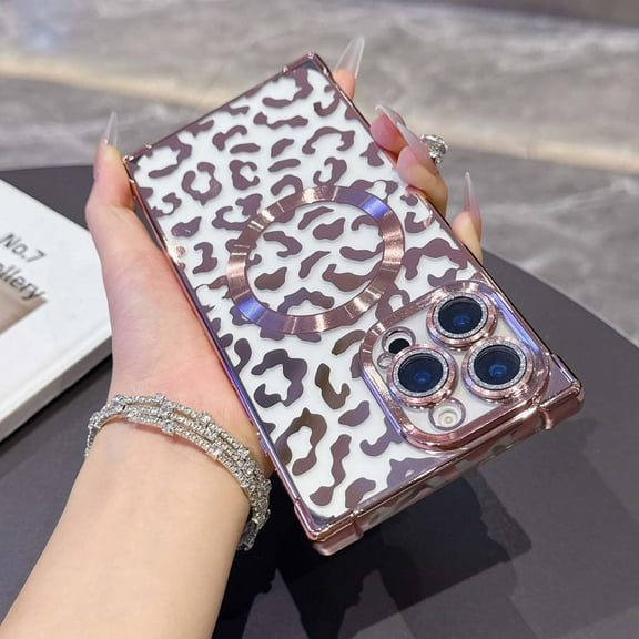 Designed for iPhone 16 Plus Magnetic Phone Case,Luxury Leopard Cheetah Pattern Plating Frame Design,Built-in Lens Film,Compatible with Mag-Safe,Shockproof Transparent Phone Case,Pink