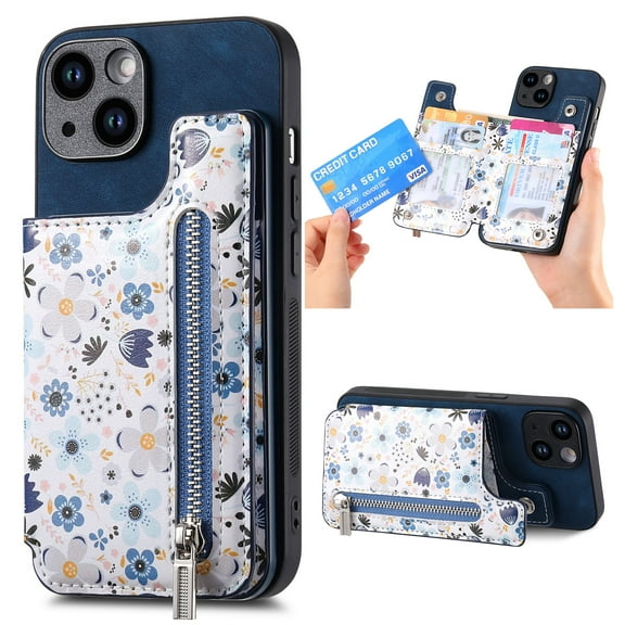 Designed for iPhone 16 Plus, PU Leather Floral Pattern Card Slots Back Case, Zipper Storage Design Kickstand RFID Blocking Material Built-in Magnetic Car Mount Function Phone Cover, Blue