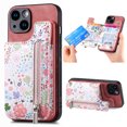thumbnail image 1 of Designed for iPhone 16 Plus, PU Leather Floral Pattern Card Slots Back Case, Zipper Storage Design Kickstand RFID Blocking Material Built-in Magnetic Car Mount Function Phone Cover, Pink, 1 of 9