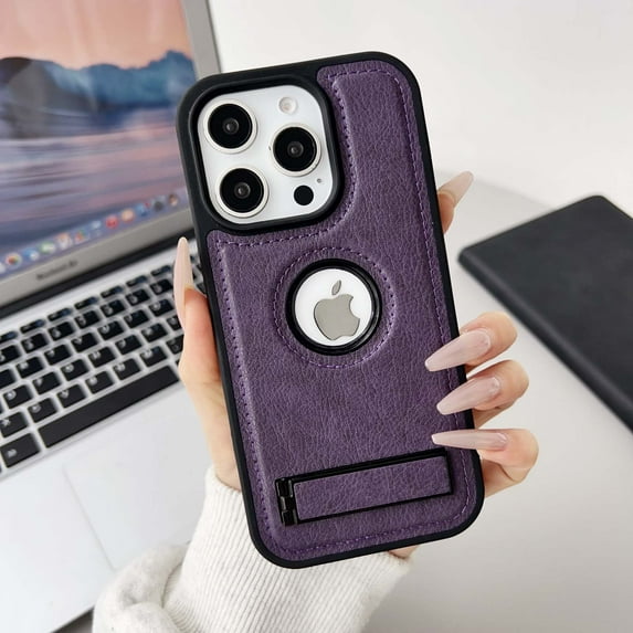 Designed For iPhone 16 Plus Phone Case,Built-in Contractile Kickstand,Logo View PU Leather Shockproof Anti-fall Ultra Slim Lightweight Rugged Scratch-Resistant Durable Phone Case,Purple